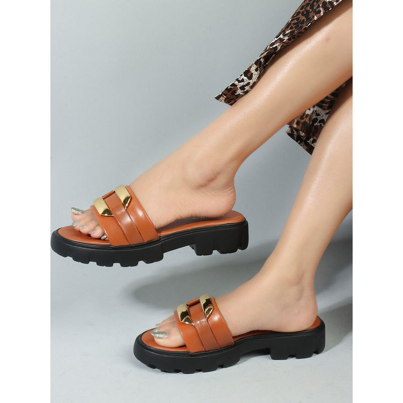 Iconics Tan Slip-On Casual Women Sandals (EURO 39)