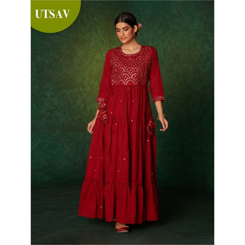 Likha Bidri Red Mirror Embroidered Tiered Dress LIKDRS37 (XL)