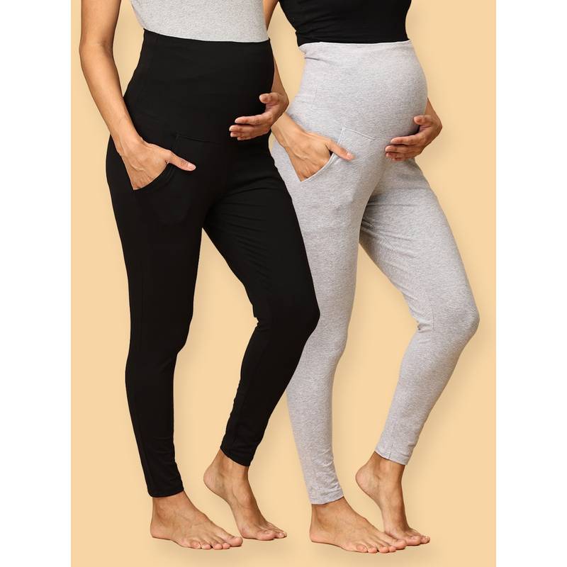 The Mom Store Comfy Maternity Leggings Black & Grey (Pack of 2) (M)