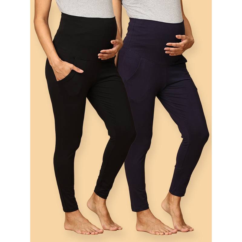 The Mom Store Comfy Maternity Leggings Black & Navy Blue (Pack of 2) (S)