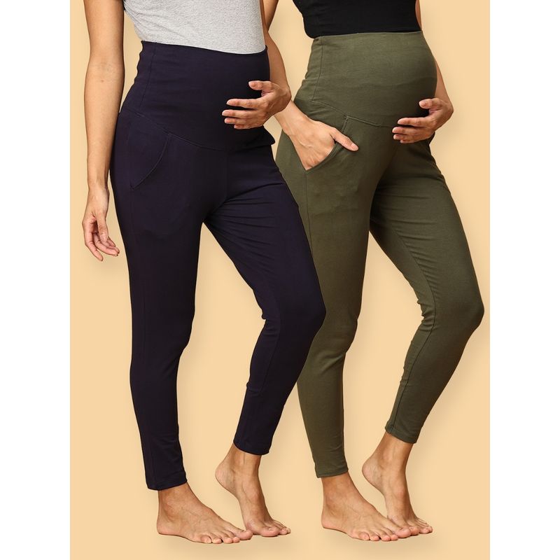 The Mom Store Comfy Maternity Leggings Olive & Navy Blue (Pack of 2) (S)