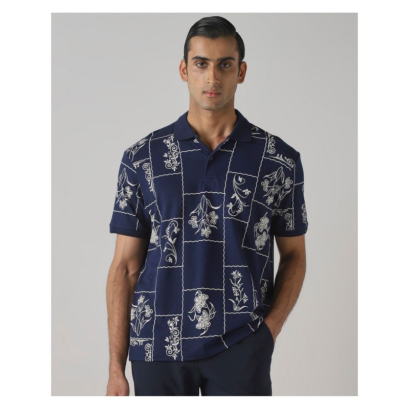 Mufti Deep Midnight Navy Blue Floral Polo T-Shirt (M)