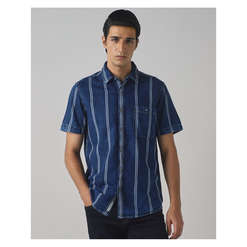 Mufti Deep Indigo Blue Stripes Shirt (L)