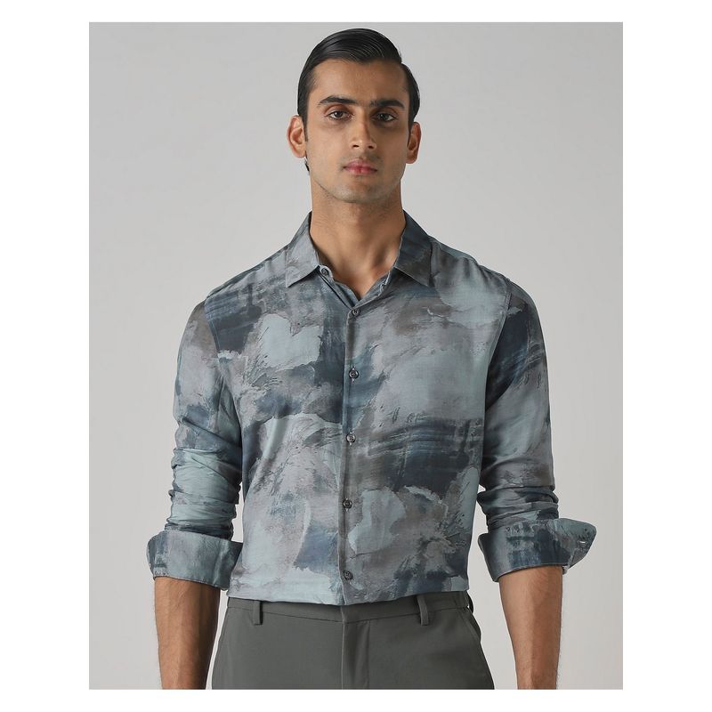 Mufti Muted Teal Blue Abstract Shirt (M)