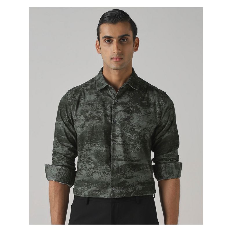 Mufti Dark Olive Green Abstract Shirt (M)