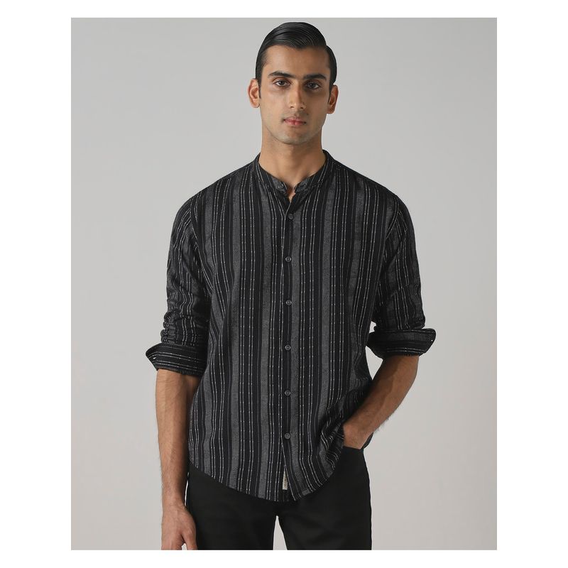 Mufti Dark Charcoal Black Stripes Shirt (M)