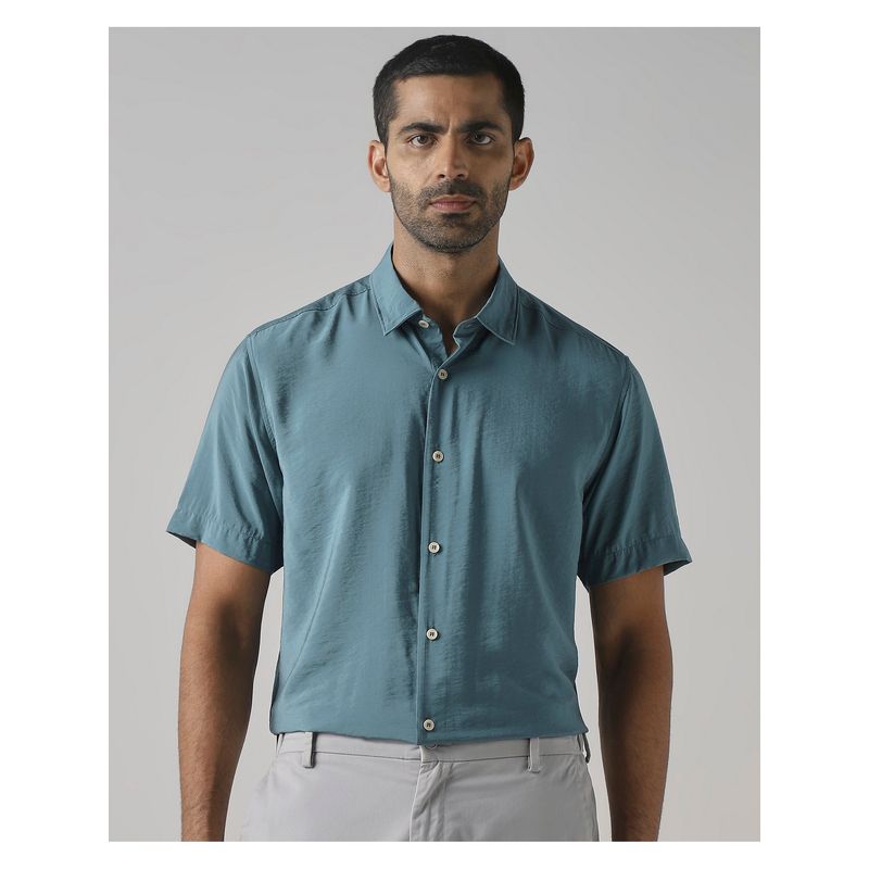 Mufti Muted Teal Blue Solid Shirt (M)