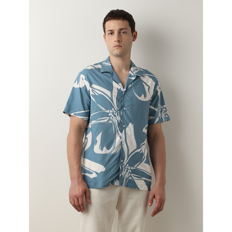 Selected Blue Floral Short Sleeves Shirt (XL)