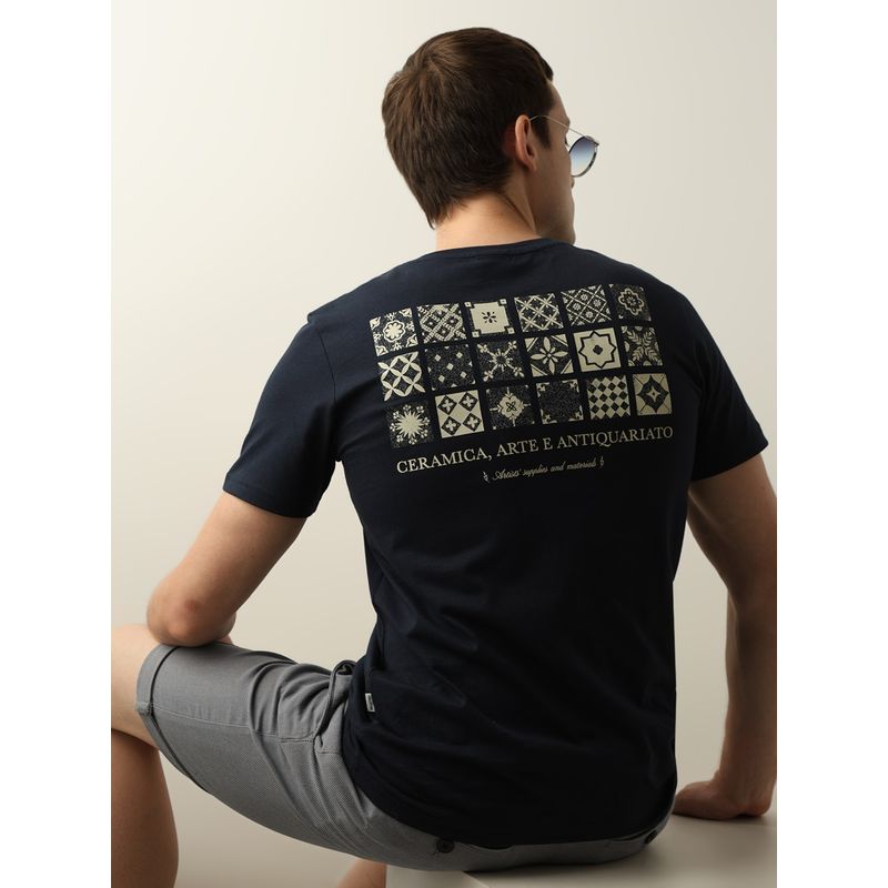 Selected Dark Blue Printed Crew Neck T-Shirt (S)
