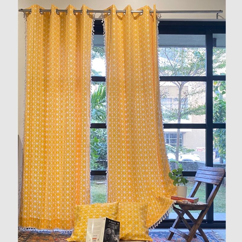 Urban Space Curtains for Window with 2 Cushion Covers - Yellow Star (Pack of 4) (5 x 4 feet)