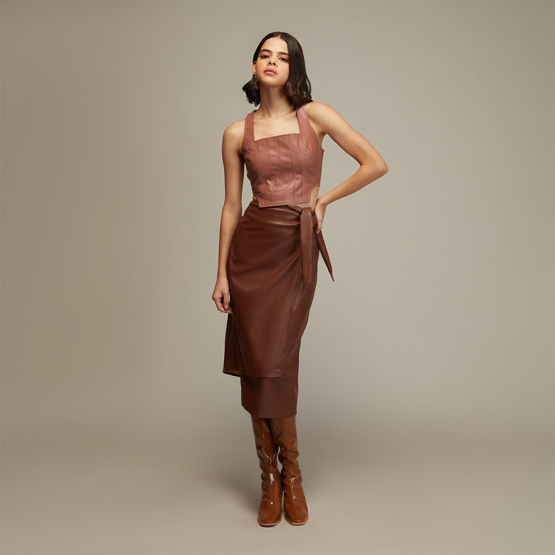 Twenty Dresses by Nykaa Fashion Taupe Solid Faux Leather Corset Crop Top (XL)