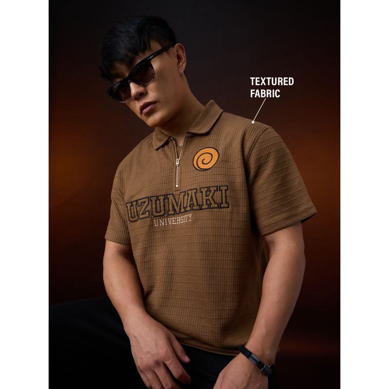 The Souled Store Men Brown Official Naruto: Uzumaki Men Zipper Brown Polo T-Shirt (XS)