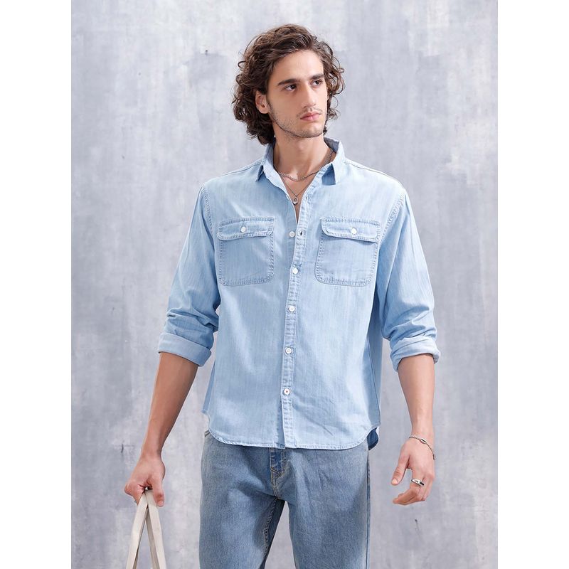 WROGN Comfort Fit Double Pocket Solid Shirt - Blue (XL)