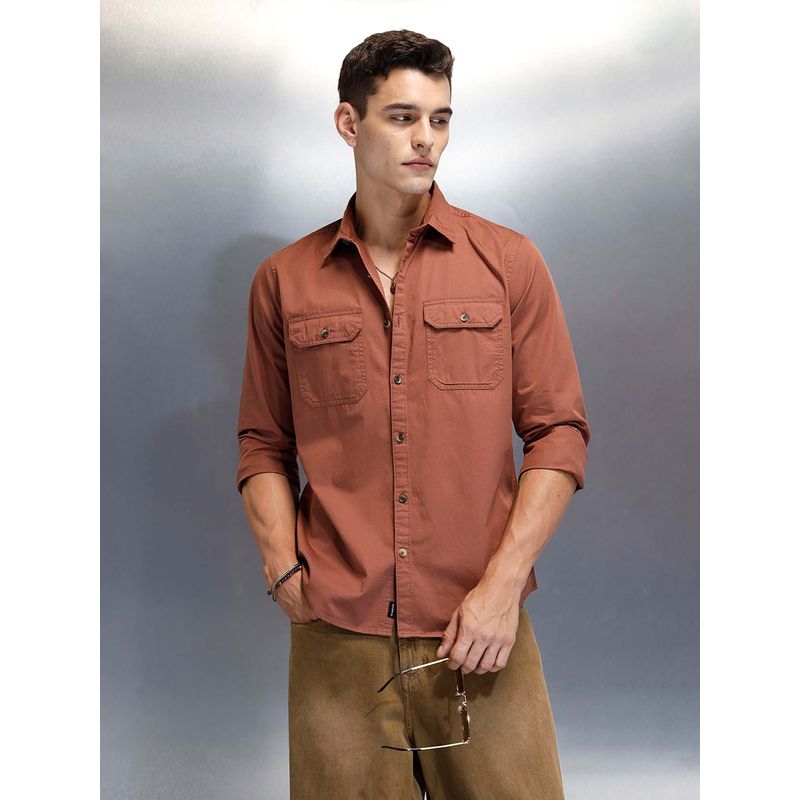 WROGN Men's Casual Cargo Double Pocket Shirt - Brown (S)
