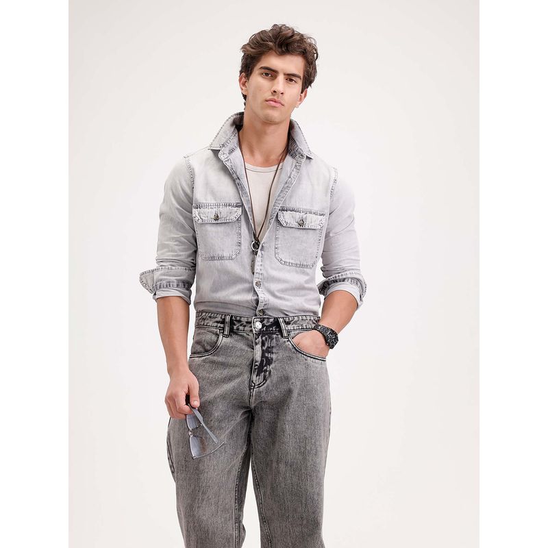 WROGN Slim Fit Faded Denim Shirt - Grey (S)