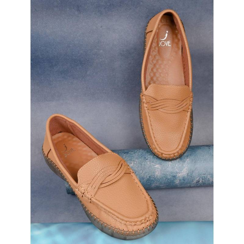 Jove Women Camel Textured Loafers Brown (EURO 36)
