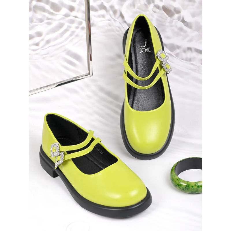 Jove Women Neon Green Solid Mary Jane Ballerinas Green (EURO 36)