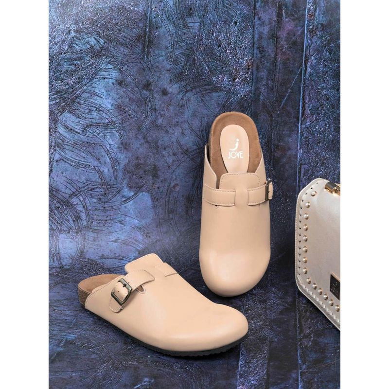 Jove Women Beige Solid Mules Beige (EURO 36)