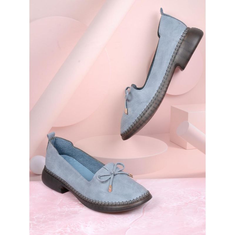 Jove Women Blue Solid Bow Loafers Blue (EURO 36)