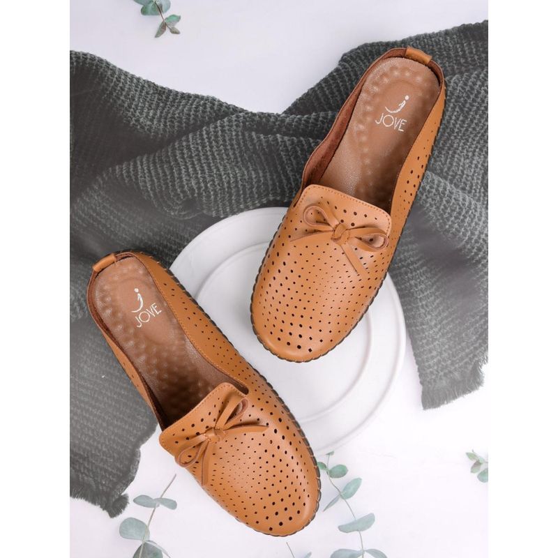 Jove Women Camel Perforated Bow Mules Brown (EURO 36)