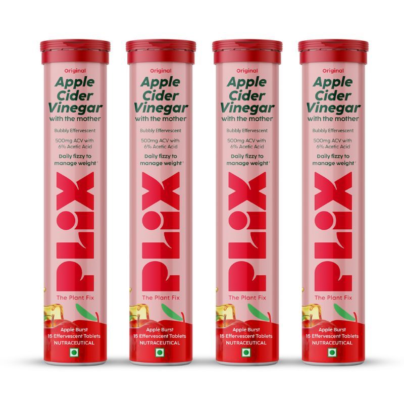 PLIX Apple Cider Vinegar 15 Effervescent Tablet with mother for weight loss, Pack of 4 (Apple)