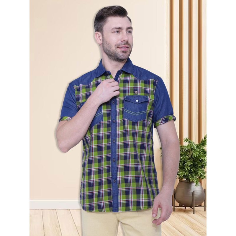 KUONS AVENUE Men Denim Half Sleeve Checks Shirt (M)