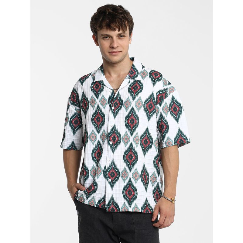Campus Sutra Men Chalk White Ikat Motif Oversized Shirt (L)