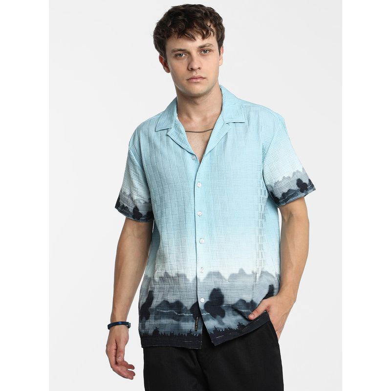Campus Sutra Men Sky Blue and Space Blue Lakeside Ombre Shirt (L)
