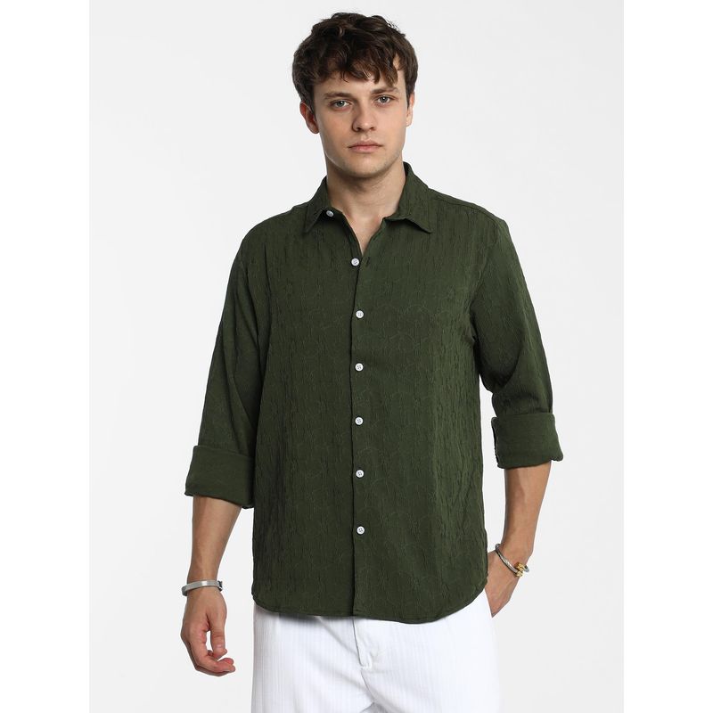 CAHOOT Men Forest Green Floral-Textured Shirt (L)