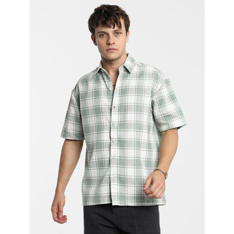 Campus Sutra Men Sage Green and Powder White Buffalo Check Shirt (L)
