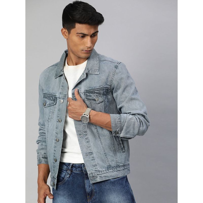 Urbano Fashion Men's Light Grey Regular Fit Washed Full Sleeve Denim Jacket (M)