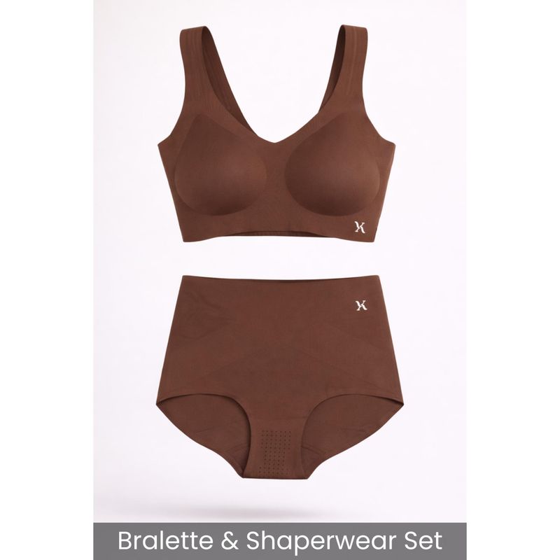 Krvvy Brown Women Seamless Bralette & Control Shaper Set (S)