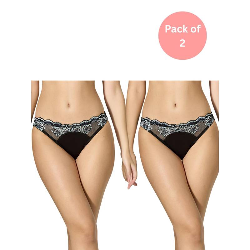 bodyline Black Viva Mid-Rise Lace Brief for Women (Pack of 2) (L)
