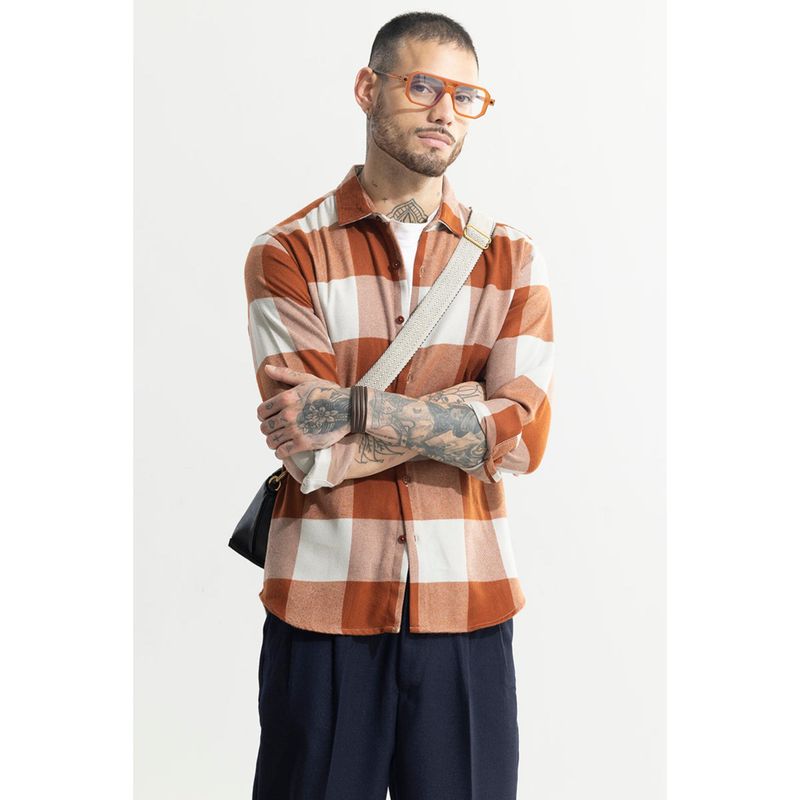 Snitch Orange Checks Full Sleeves Slim Casual Shirt for Men (L)