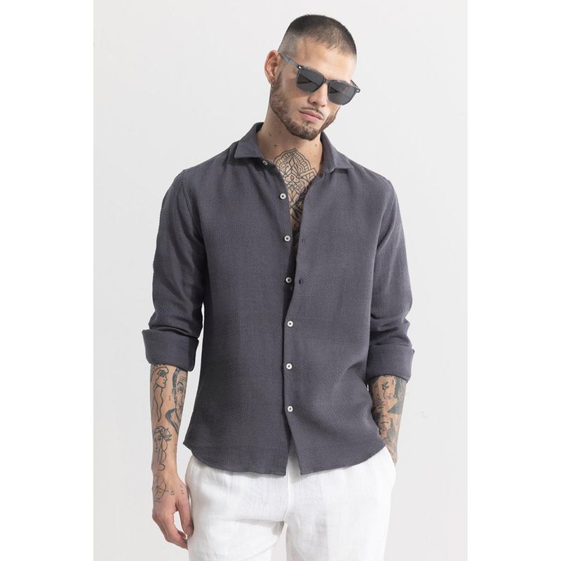 Snitch Charcoal Grey Textured Full Sleeves Slim Casual Shirt for Men (L)