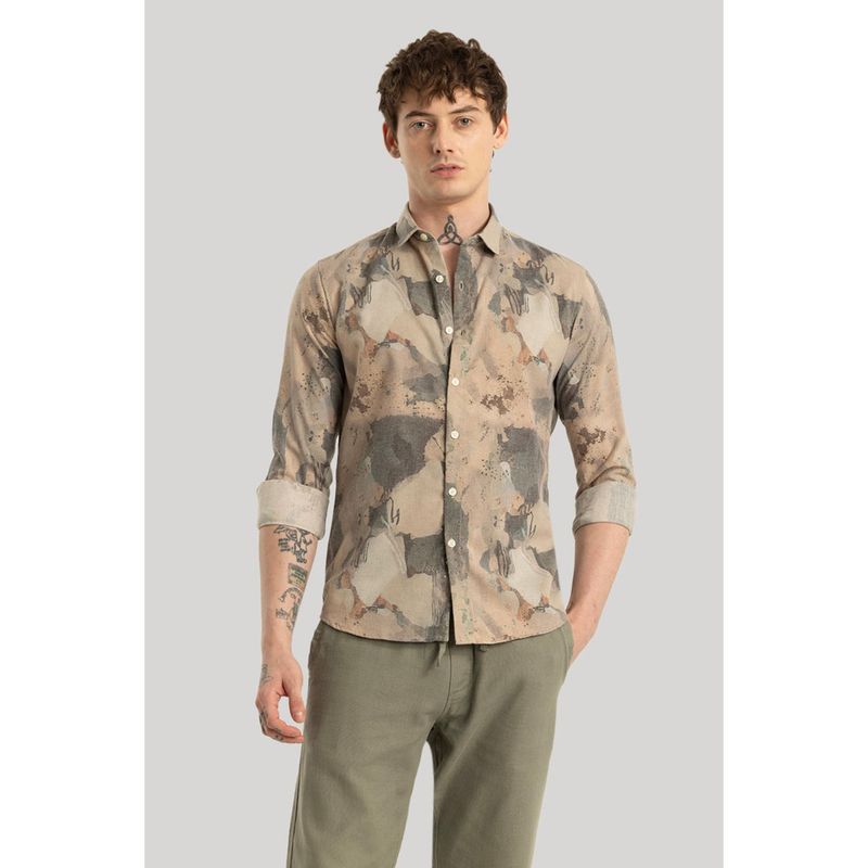 Snitch Tan Printed Full Sleeves Slim Casual Shirt for Men (S)