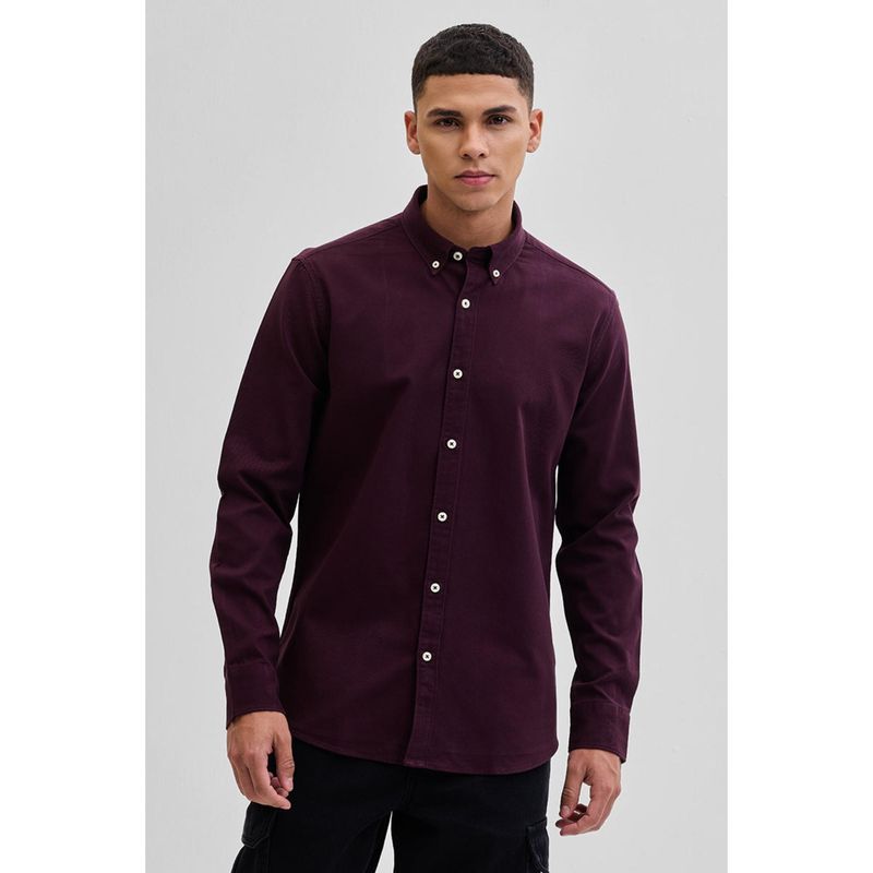 Snitch Burgundy Plain Full Sleeves Slim Casual Shirt for Men (M)