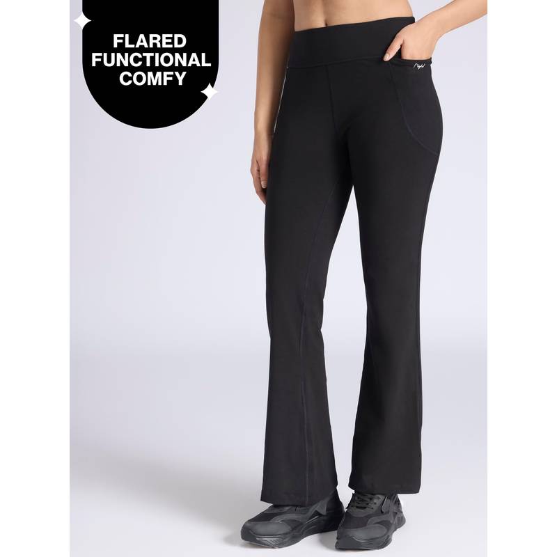 Ultimate Cotton Flare Leggings with Anti-Slip Waist & Pockets NYAT503 Jet Black (L)