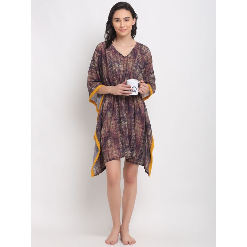 AOBA Women Brown Printed Kaftan Nightdress (S)