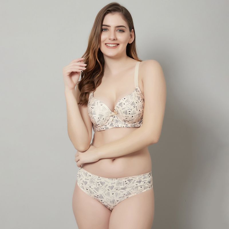 Prettycat Beautiful Love Print Lightly Padded T-Shirt Bra Panty Set - Beige (34B)