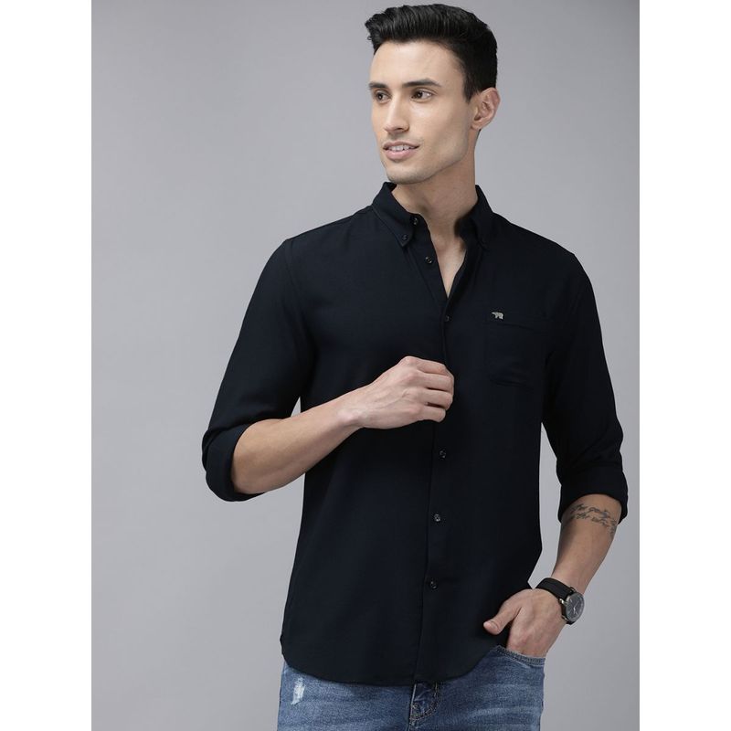 The Bear House Men Navy Blue Slim Fit Solid Rayon Lycra Casual Shirt (2XL)