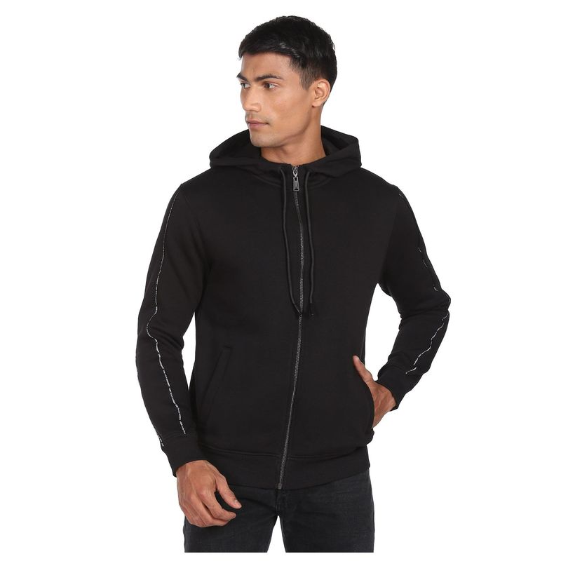 Arrow Newyork Men Black Brand Print Piping Hood Sweatshirt (S)