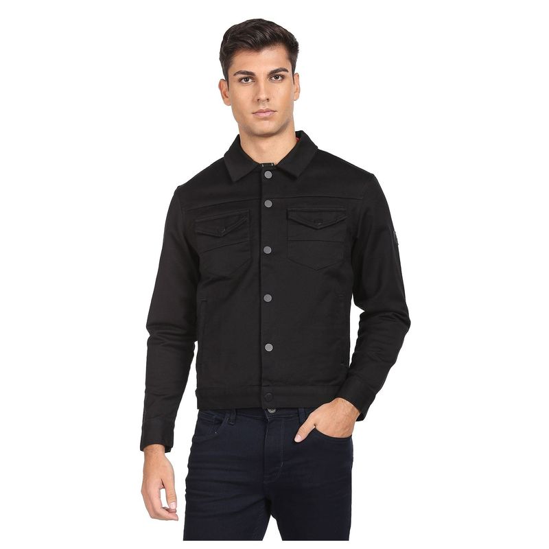 Arrow Newyork Men Black Solid Patch Pocket Casual Jacket (L)