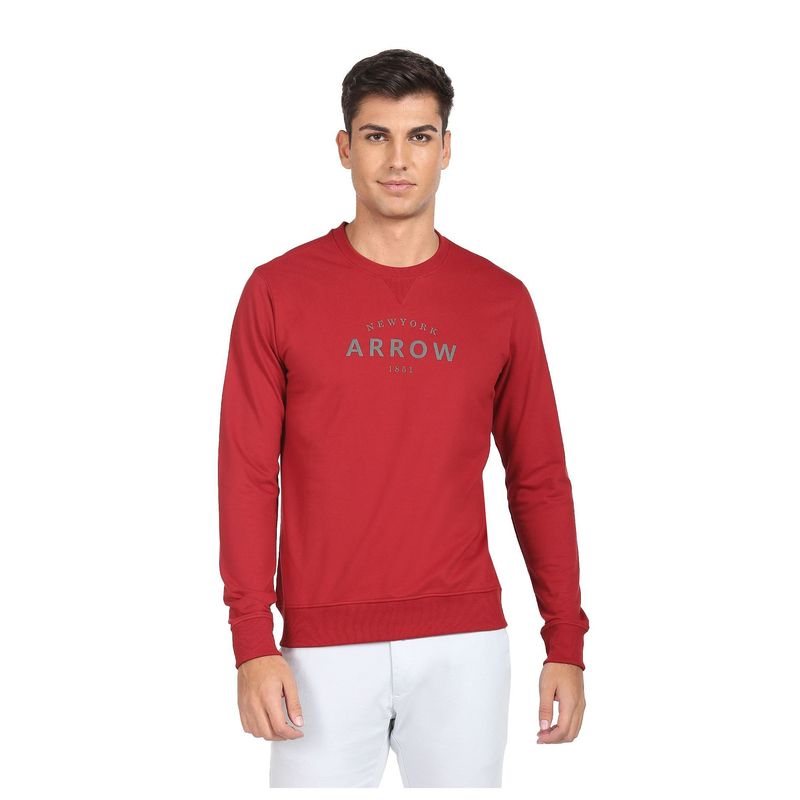 Arrow Sports Men Red Crew Neck Brand Print Sweatshirt (XL)