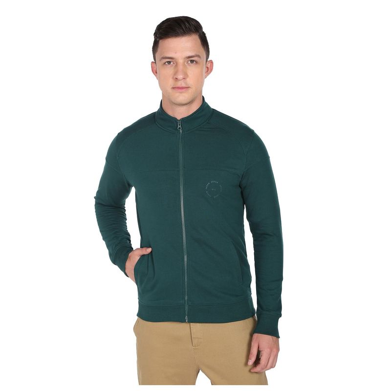Arrow Sports Men Dark Green High Neck Zip Up Solid Sweatshirt (L)