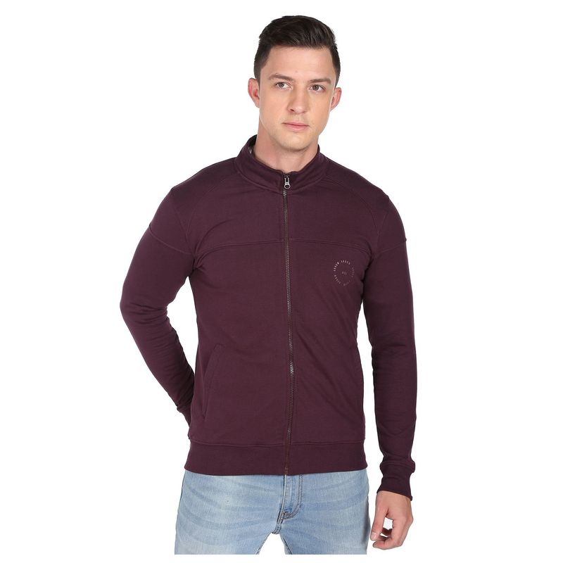 Arrow Sports Men Wine High Neck Zip Up Solid Sweatshirt (L)