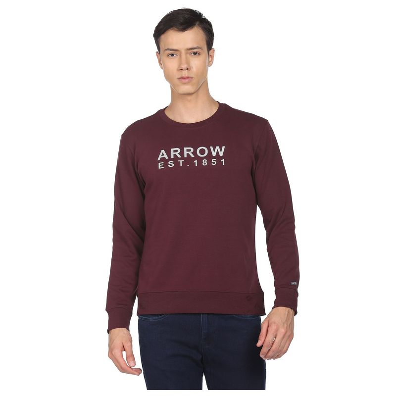 Arrow Sports Men Burgundy Crew Neck Brand Print Sweatshirt (L)