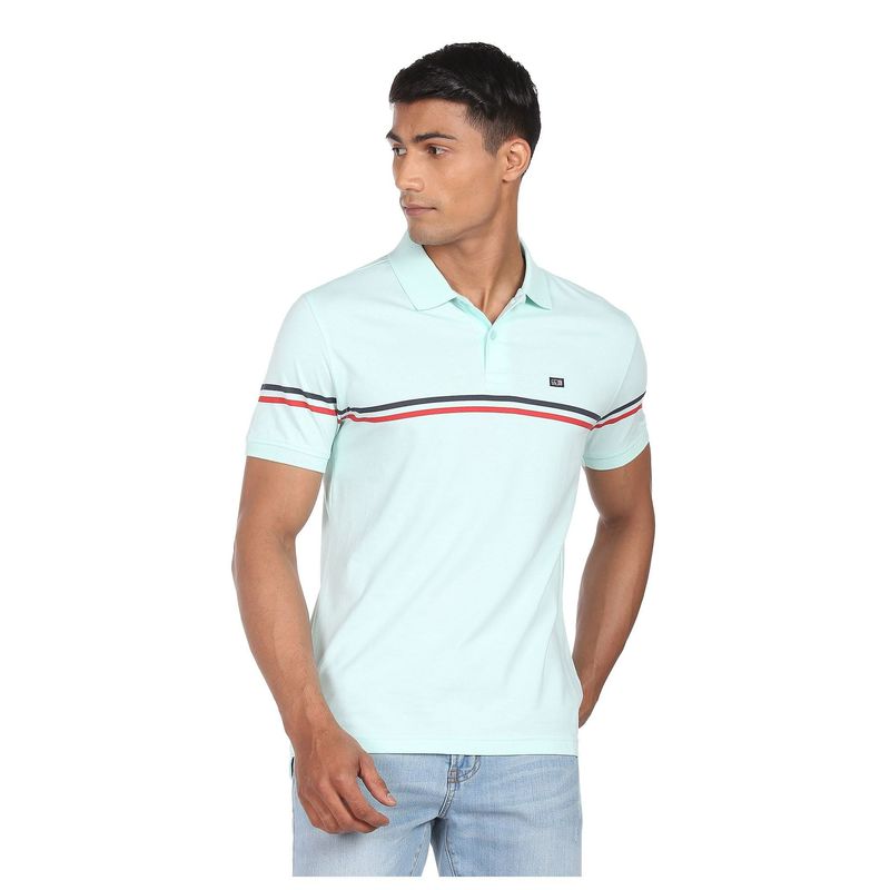 Arrow Sports Men Aqua Horizontal Stripe Cotton Polo T-Shirt (M)