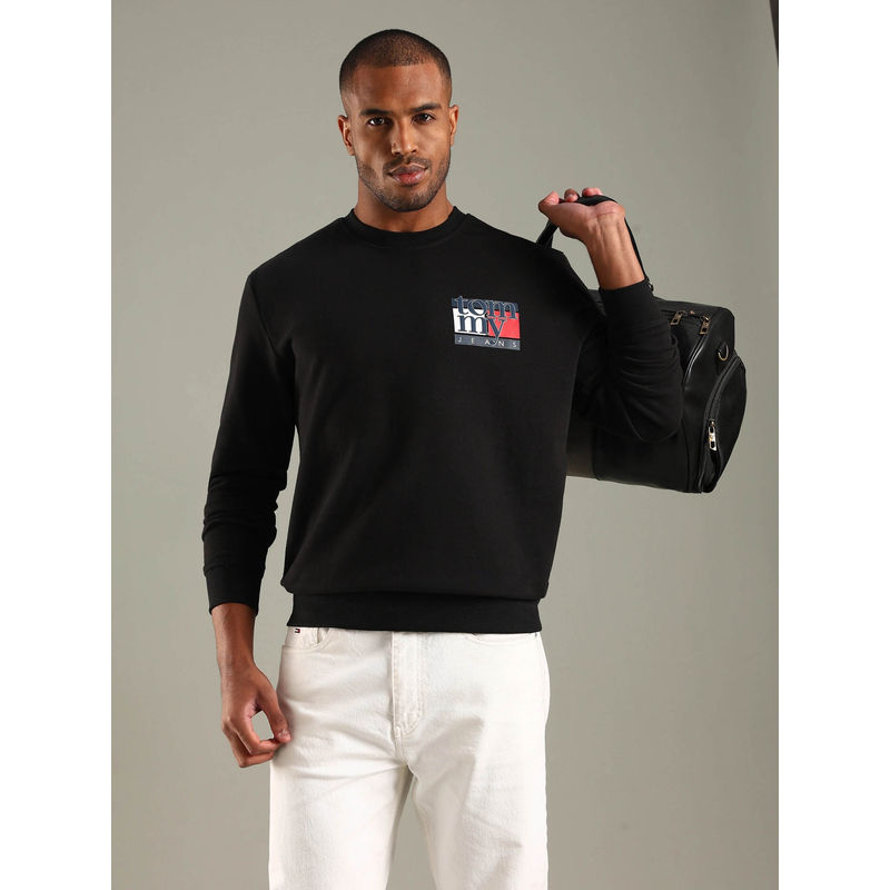 Tommy Hilfiger Men Black Logo Regular Fit Cotton Sweatshirt (2XL)