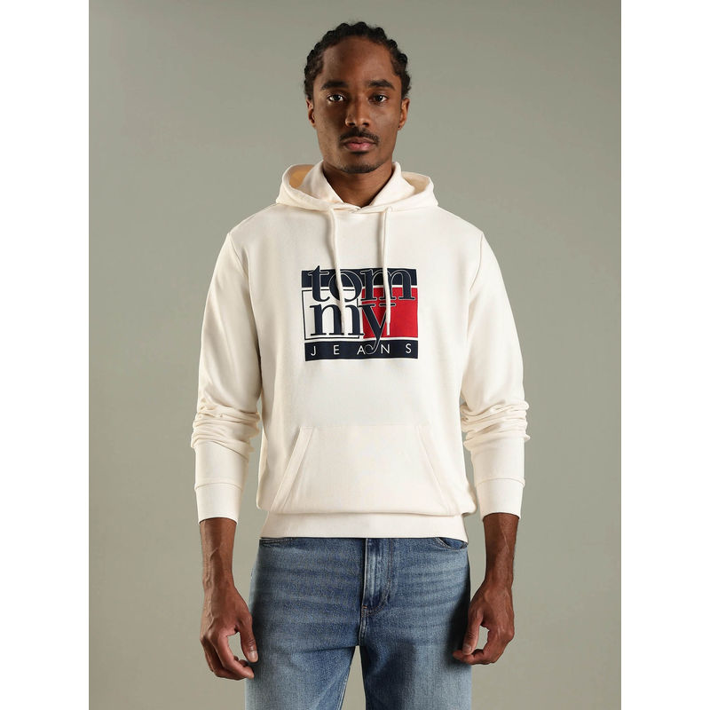 Tommy Hilfiger Men White Logo Regular Fit Cotton Sweatshirt (L)